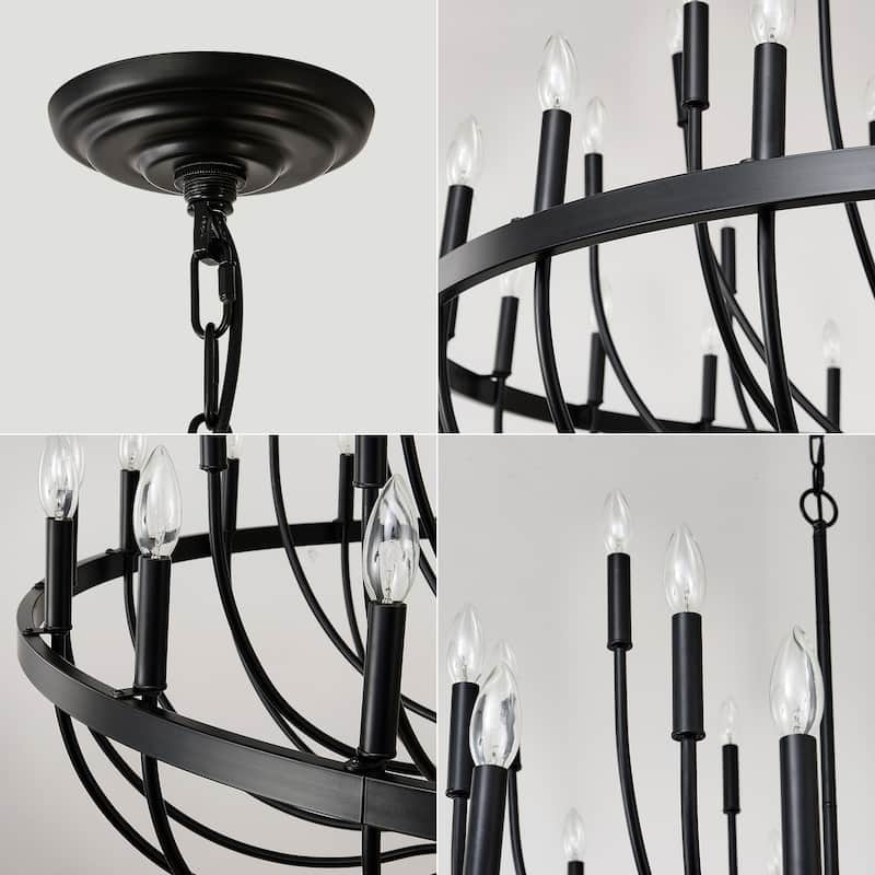 Farmhouse Suspended Pendant Light Fixture 24-Light Black Industrial Iron Candle Chandelier, for Dining Room, Living Room