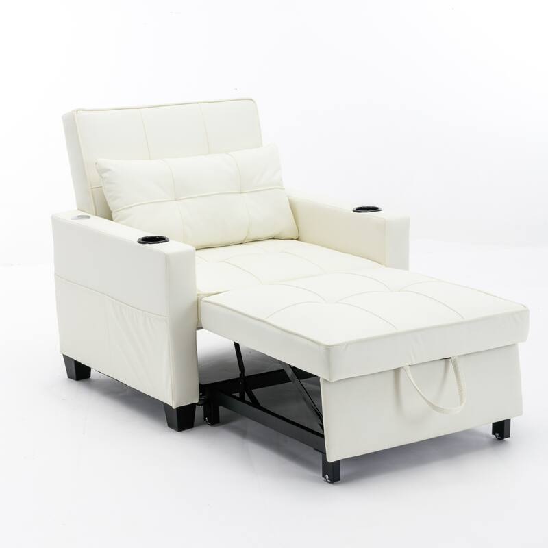 Leather Futon Armchair Bed with USB, Cup Holders & 3-Position Backrest