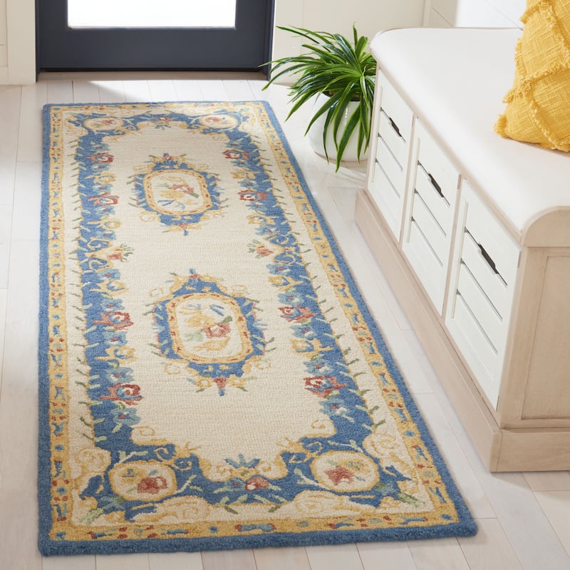 SAFAVIEH Handmade Micro-Loop Cheong Wool Rug - 2'3" x 7' Runner - Cream/Blue