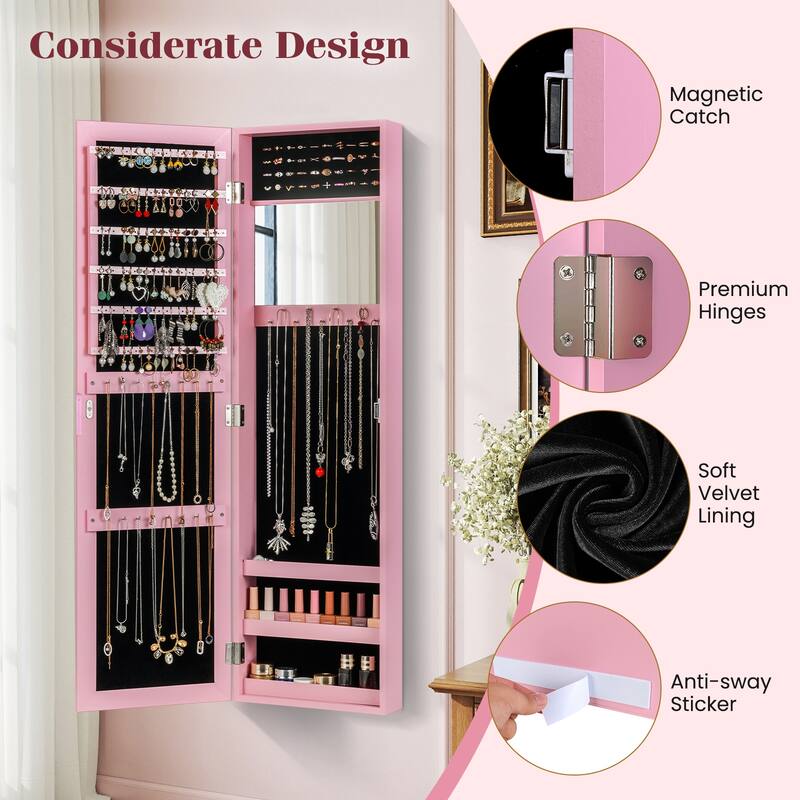 Wall Mounted or Door Hanging Jewelry Cabinet with Full Length Mirror and Inner Makeup Mirror - 12.5" x 3.7" x 43.5"