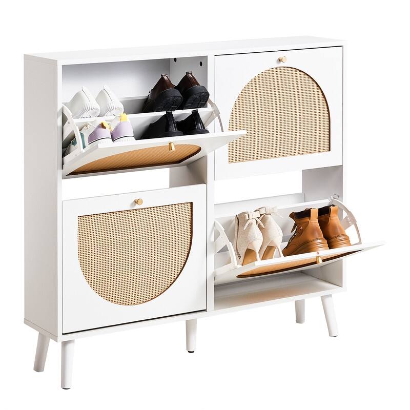 Rattan Shoe Cabinet with 2 / 4 Flip Drawers, Narrow Shoe Storage Cabinet,Organizer for Entryway, Bedroom, Living Room