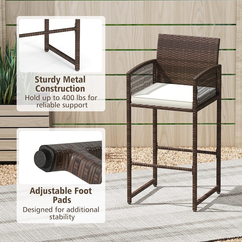 Outdoor Wicker Bar Stools Set of 2 Patio Chairs with Cushions and Footrest - 22" x 20.5" x 44"