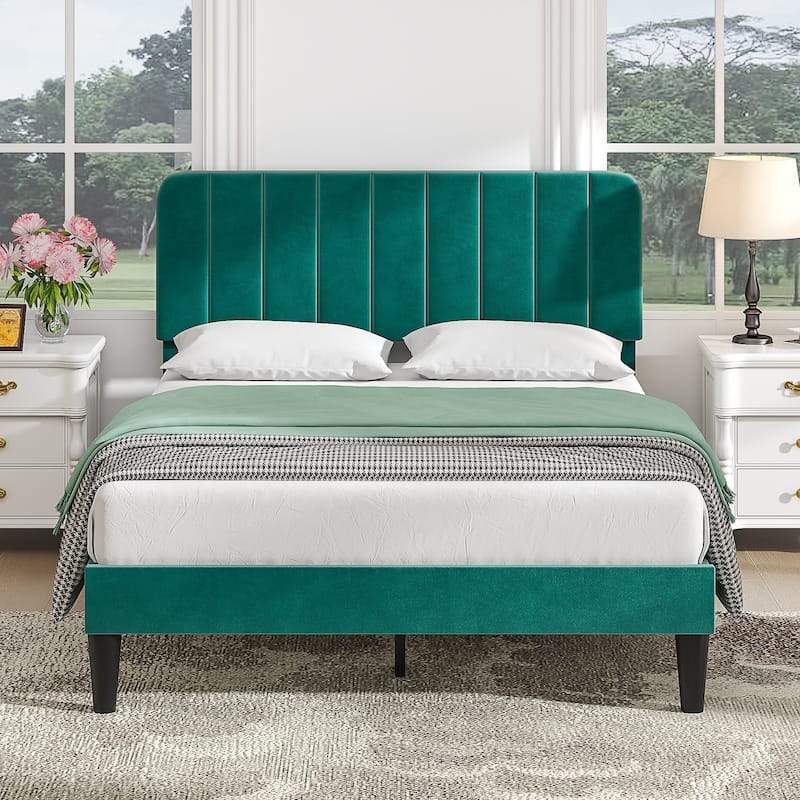 VECELO Velvet Upholstered Bed Frame with Vertical Channel Tufted Headboard, Adjustable Headboard, Wooden Slats Support - Green - Queen