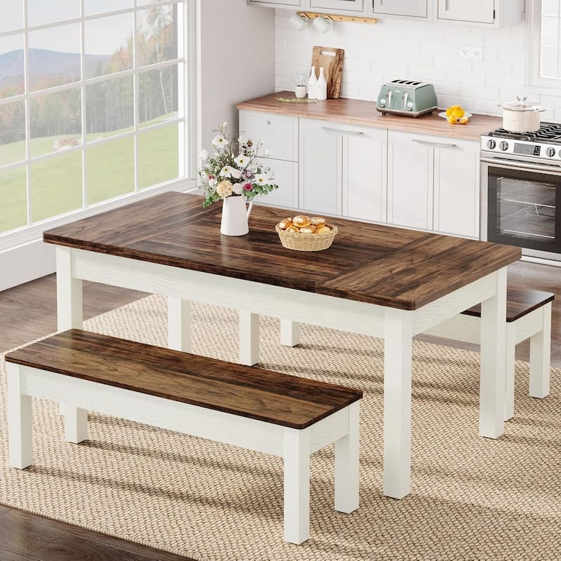 55" 3-Piece Dining Table Set for 4-6-Space-Saving Kitchen Table with 2 Tuck-Under Benches-Rustic Wood & Metal Furniture - Brown+White
