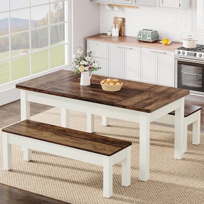 55" 3-Piece Dining Table Set for 4-6-Space-Saving Kitchen Table with 2 Tuck-Under Benches-Rustic Wood & Metal Furniture