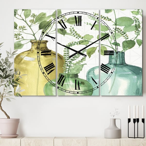 slide 2 of 6, Designart 'Mixed Botanical Green Leaves IX' Cottage 3 Panels Oversized Wall CLock - 36 in. wide x 28 in. high - 3 panels