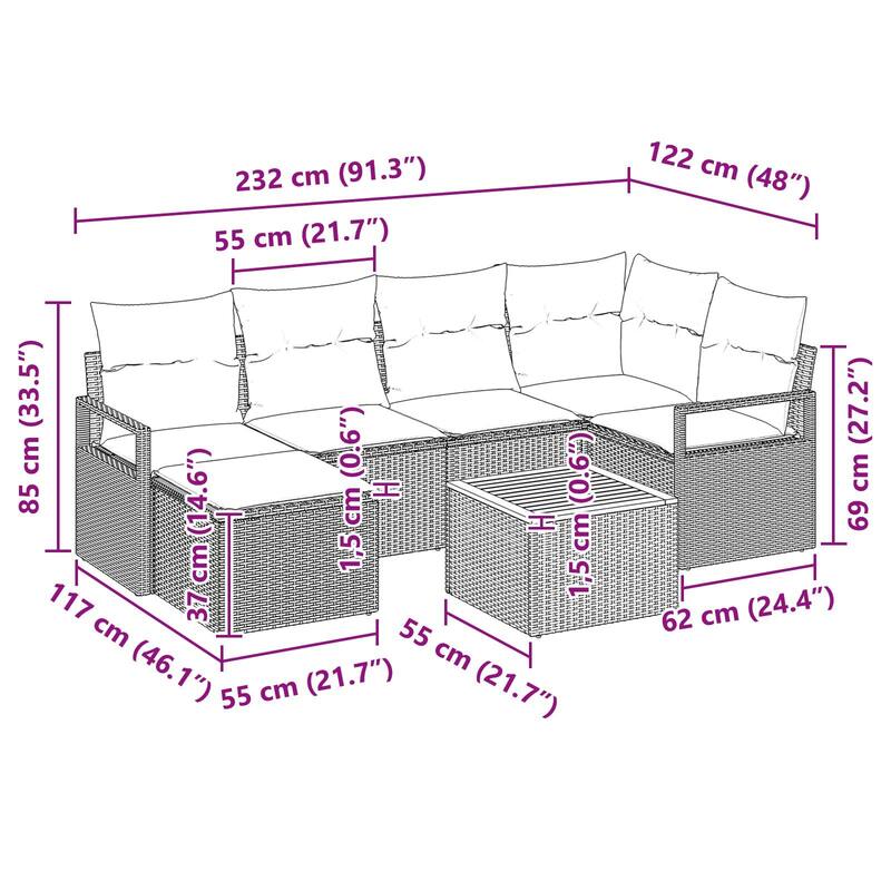 vidaXL 7 Garden Sofa Set with Cushions Black/Grey Poly Rattan - 91.3 x 48 x 27.2