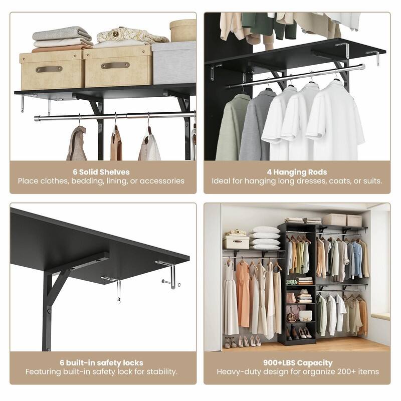 Heavy-Duty Wood Walk-In Closet Organizer - Adjustable Wardrobe System with 4 Hanging Rods & 5 Shelves for 8 ft Spaces