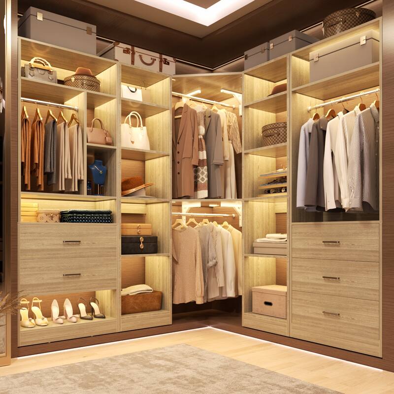 Kyrvo Corner Closet System with 5 Wooden Drawers & 12 Shelves, Freestanding Walk-in Closet Organizer for Walk-in/Reach-in Closet