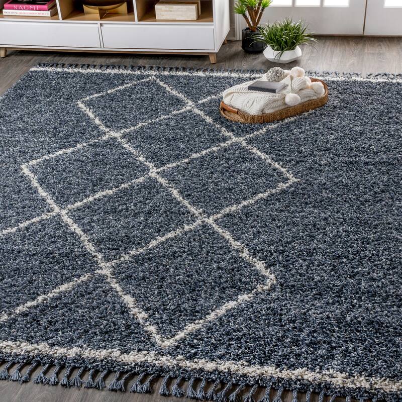 JONATHAN Y Modern Shag Plush Tassel Moroccan Tribal Geometric Trellis Area Rug
