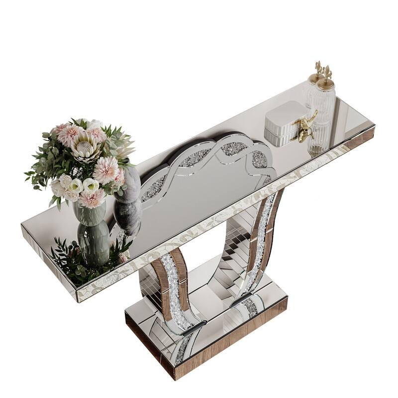 Mirrored 43" Silver Console Table, Entryway Sofa Table With Curved Legs