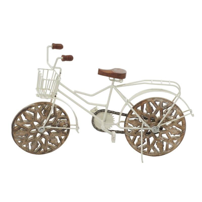 Metal Bike Decorative Sculpture with Carved Wood Wheels - White, Brown, Gold - Roche River Decor