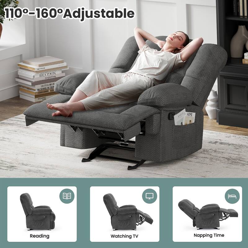 Oversized Recliner Chair, Rocker Chair with Adjustable 3 Relaxation Modes, Lounge Chaise Chair with Storage Bag
