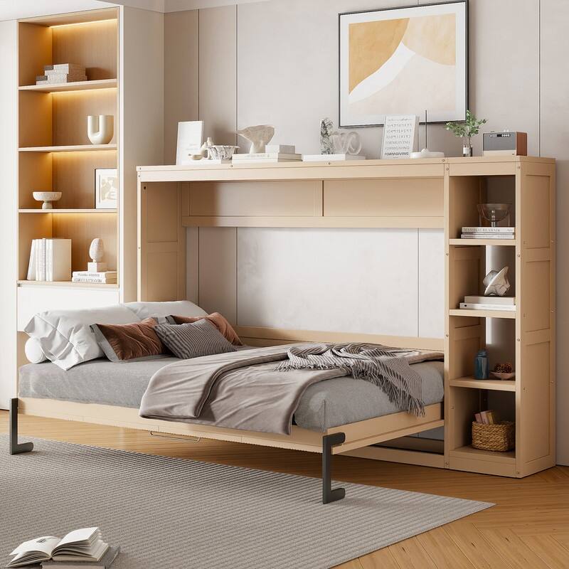 Full Size Murphy Bed with Bookshelf, Foldable Bed Frame with Storage Shelves, Wooden Cabinet Bed with Handle