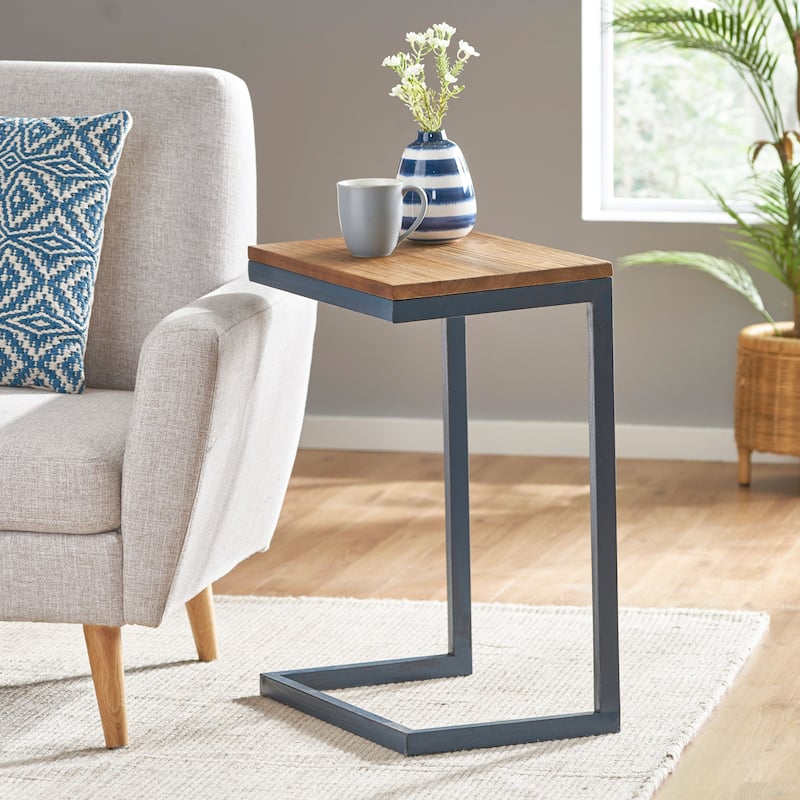 Roomfitters C-Shaped Side Table, Industrial End Table with Natural Wood Top and Blue Metal Frame for Sofa or Bedside, Natural