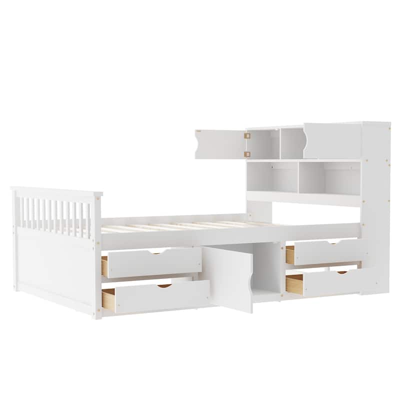 Full Size Platform Bed with Storage Bookcase Headboard and 4 Pull-Out Drawers, Wooden Captain Bedframe with Footboard & Cabinet