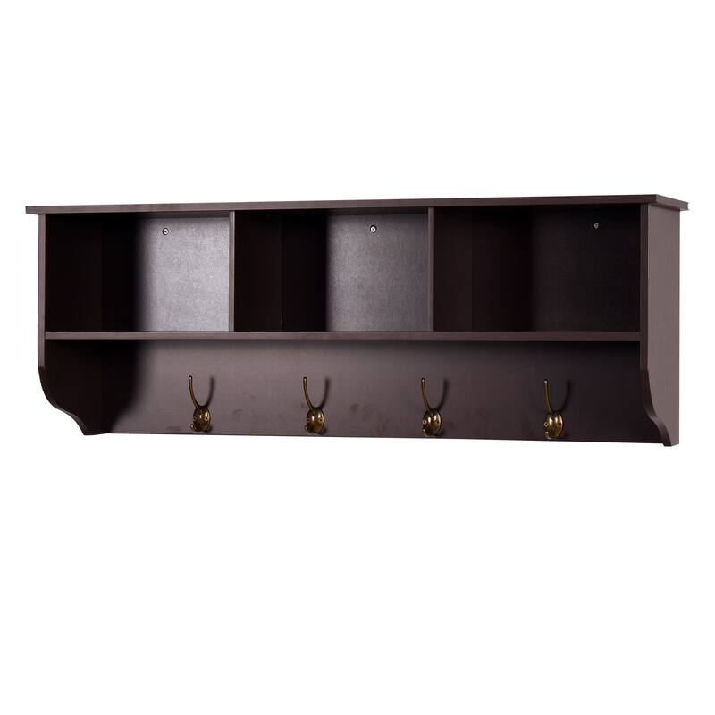 Wall Mounted Coat Rack W/ 4 Dual Hooks, Wood Storage Shelf Small Space - Espresso