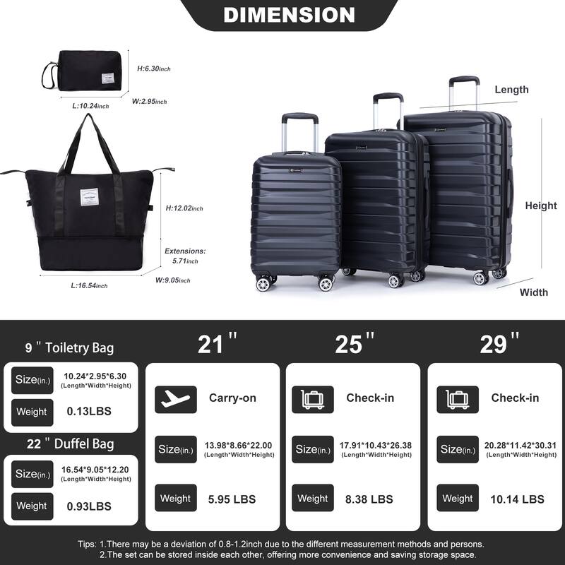 Luggage set of 5 pieces, expandable hard PC luggage set with TSA lock for rotating wheels