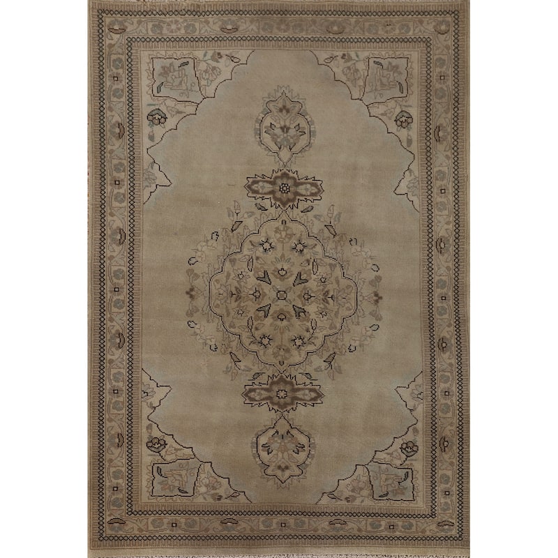 Geometric Tabriz Persian Vintage Rug Hand-Knotted Beige Wool Carpet - 3'6"x 5'3"