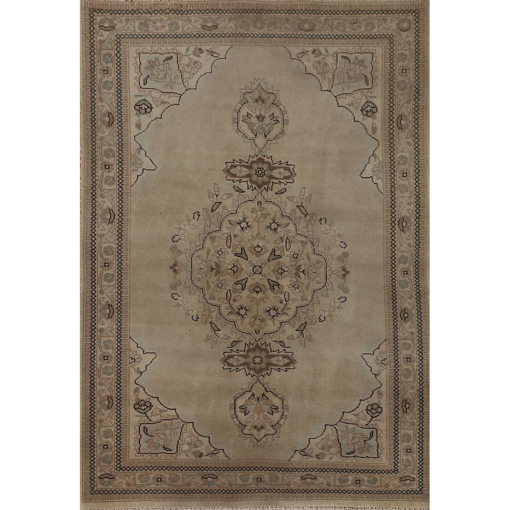 Geometric Tabriz Persian Vintage Rug Hand-Knotted Beige Wool Carpet - 3'6"x 5'3"