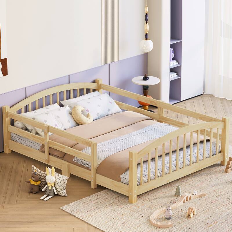 Montessori Floor Bed with Fence - Full/Twin Solid Wood, Slats & Safety Guardrails, Easy Assemble