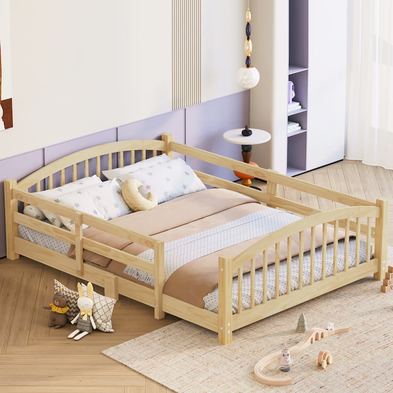 Solid Wood Floor Bed Montessori Bed with Safety Guardrails Without Door - Natural - Full