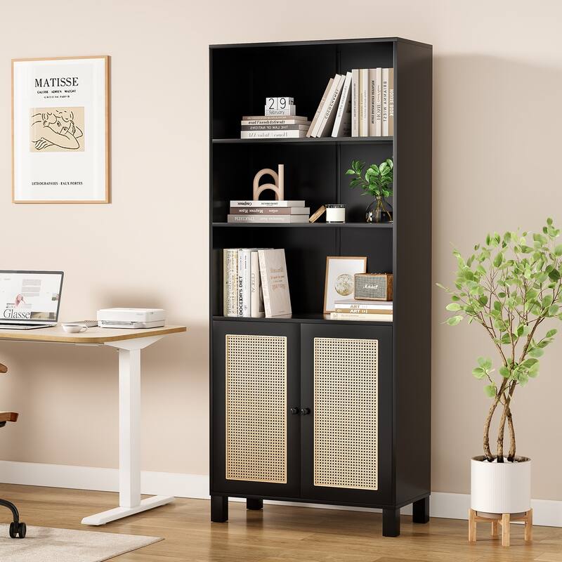 Tall Bookcase with Rattan Doors,5 Tier Storage Wood Shelves Large Bookshelf for Library Living Room Bedroom Home Office