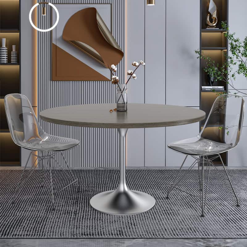 LeisureMod Verve 48" Round Dining Table with MDF Wood TableTop and Brushed Chrome Base for Kitchen & Dining Room