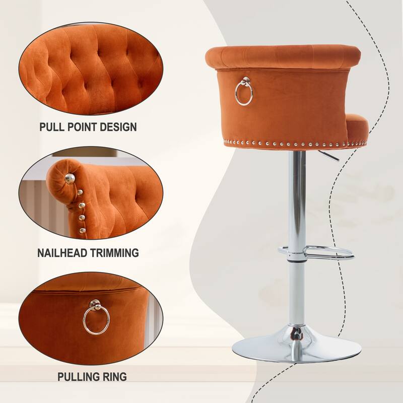 Adjustable Velvet Swivel Bar Stools with Metal Leg (Set of 2)