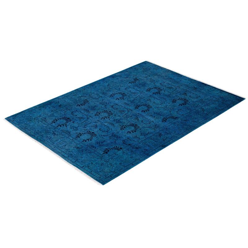 Overton Hand Knotted Wool Vintage Inspired Modern Contemporary Overdyed Blue Area Rug - 4' 2" x 5' 10"