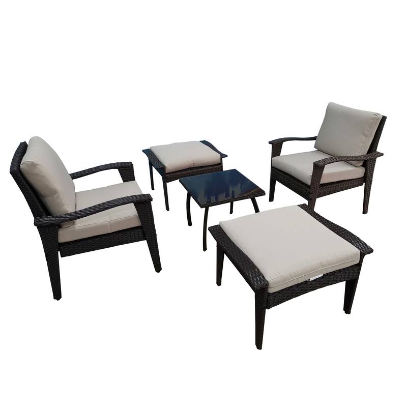 Beige Rattan Luxe 5-piece Outdoor Patio Furniture Set with Removable Plush Cushions, Easy Clean and Assemble - Beige