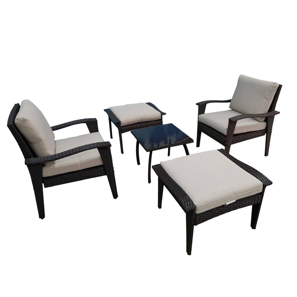 Beige Rattan Luxe 5-piece Outdoor Patio Furniture Set with Removable Plush Cushions, Easy Clean and Assemble