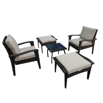 Outdoor Furniture Set, Fabric Patio Chair Set with Ottoman, 5 pcs Rattan Seating Group with Cushions, Anti-Rust Wicker Chair