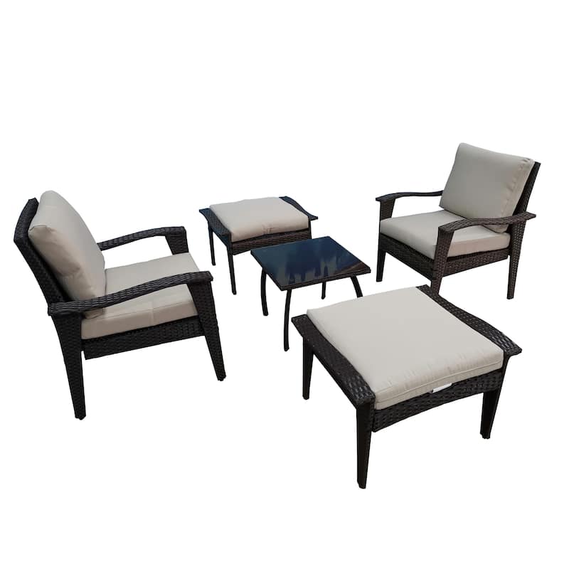 Rattan Luxe 5-piece Outdoor Patio Furniture Set with Removable Plush Cushions, Easy Clean and Assemble - Beige