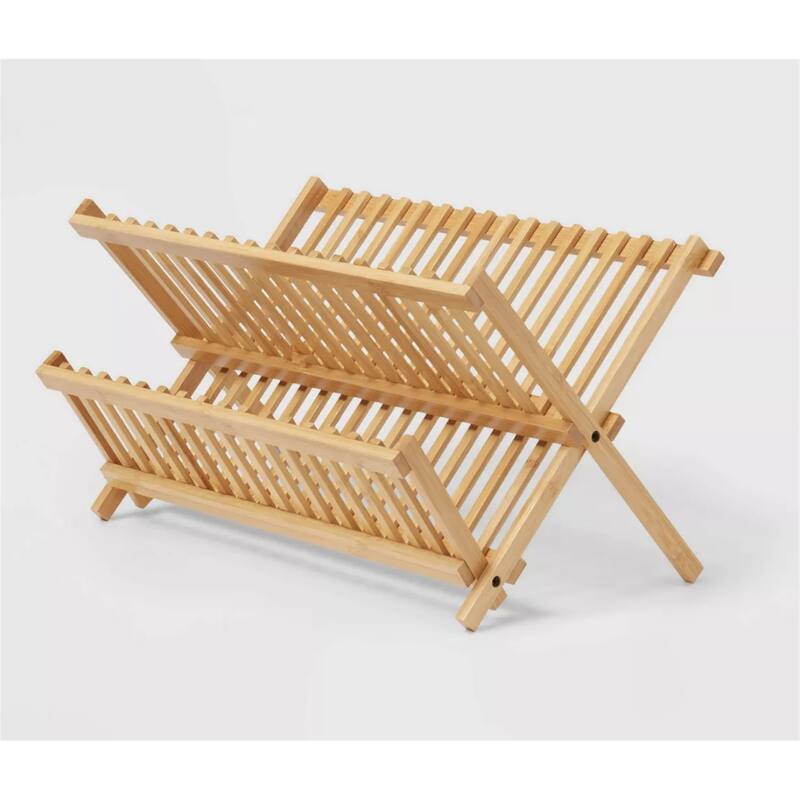 Bamboo Dish Drying Rack - 2-Tier Collapsible & Foldable Countertop Organizer, Natural Eco-Friendly Wood, Space-Saving Design - Natural Bamboo