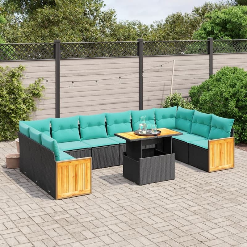 vidaXL 11 Piece Patio Sofa Set with Cushions Black/Gray Poly Rattan - 21.7 x 24.4 x 27.2 - Black