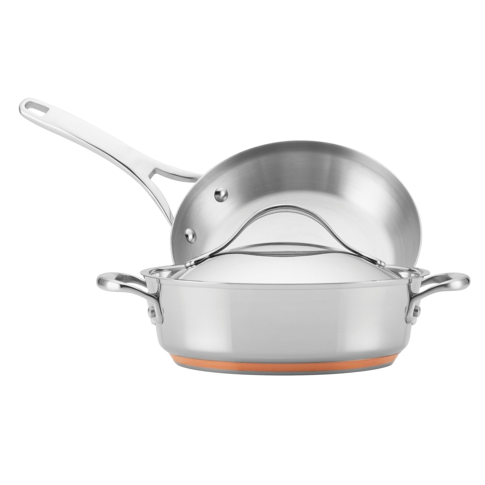 Anolon Nouvelle Copper Stainless Steel 3 Piece Set 9 5 Open Skillet 3 Qt Covered Sauteuse W Swing Lid On Sale Overstock 26060591