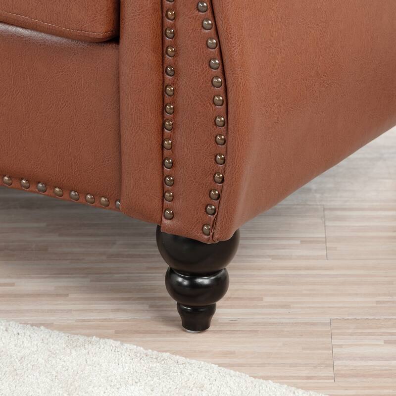 Chesterfield Sofa 83.46" with PU Leather, Quilted Backrest, Birch Legs