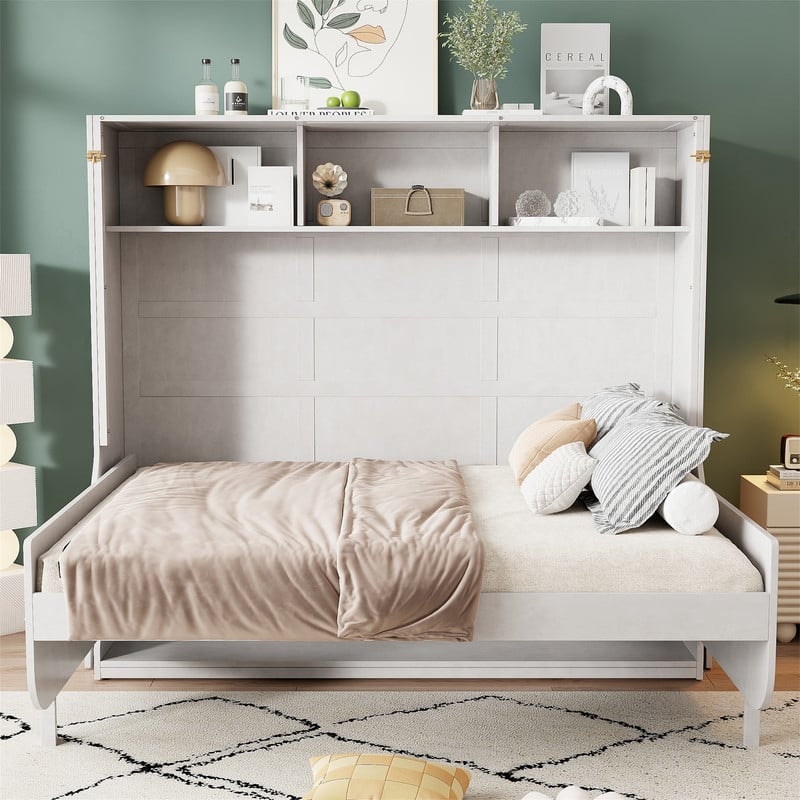 Full Size Murphy Bed with a Desk and Storage Shelves, Wooden Wall Bed Murphy Cabinet Bed with Top Cabinet, Space Saving Design