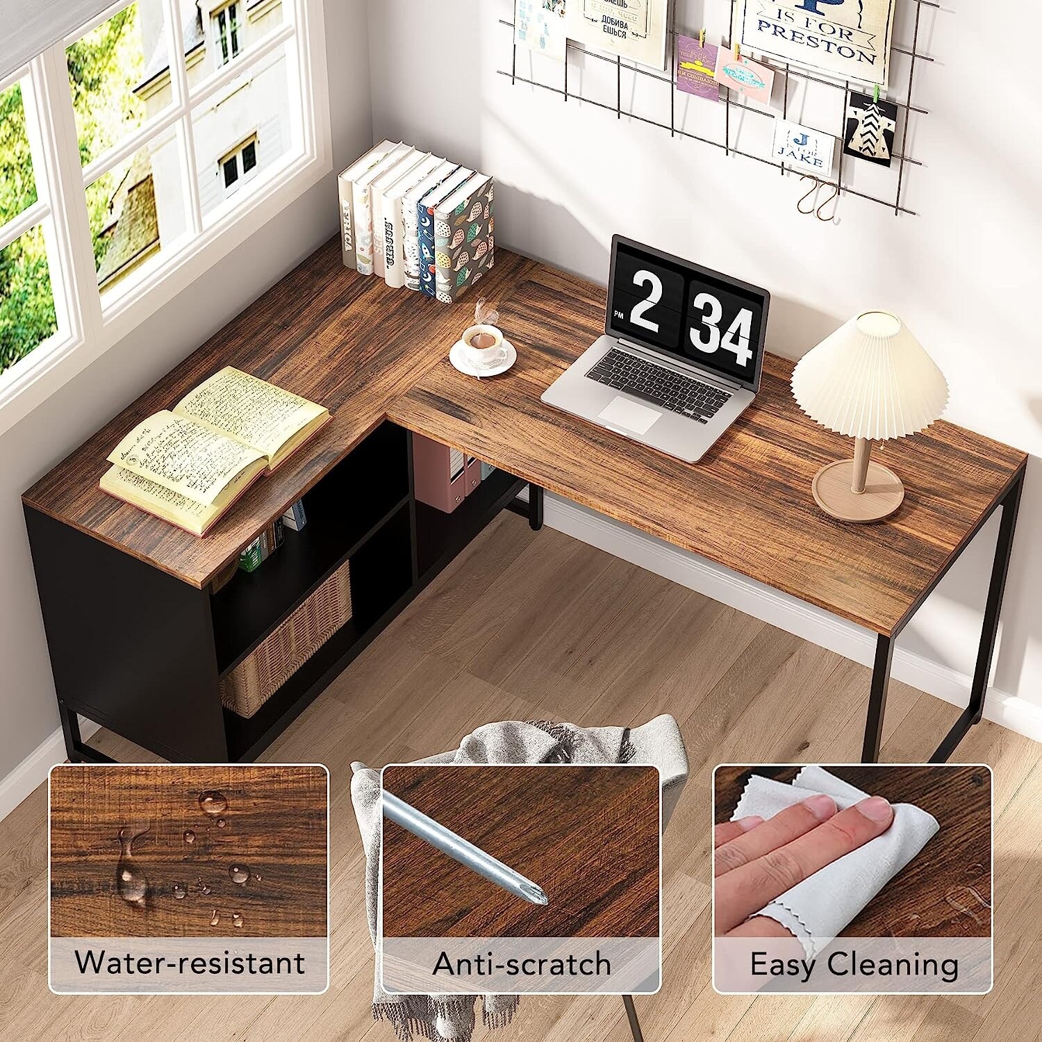 60 Inch Large Corner Desk L shaped Desk with Storage Cabinet Industrial Wood Home Office Desk