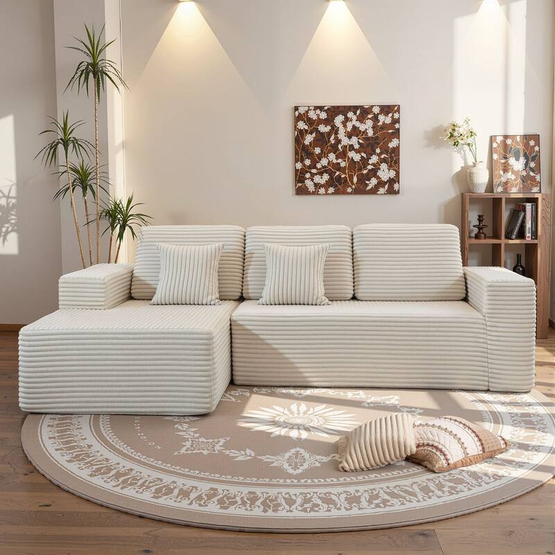 Meyreso No Assembly Required Long Plush L-Shaped Sectional Sofa with Round Nesting Coffee Tables