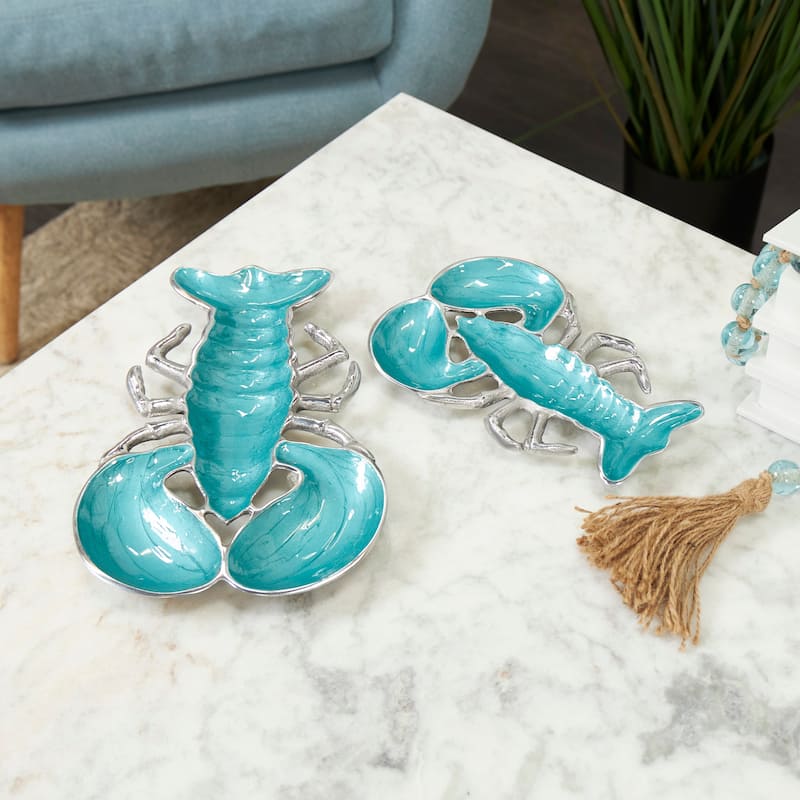 Silver, Blue or Teal Aluminum Enameled Lobster Tray with Silver Metal Exterior (Set of 2) - Teal
