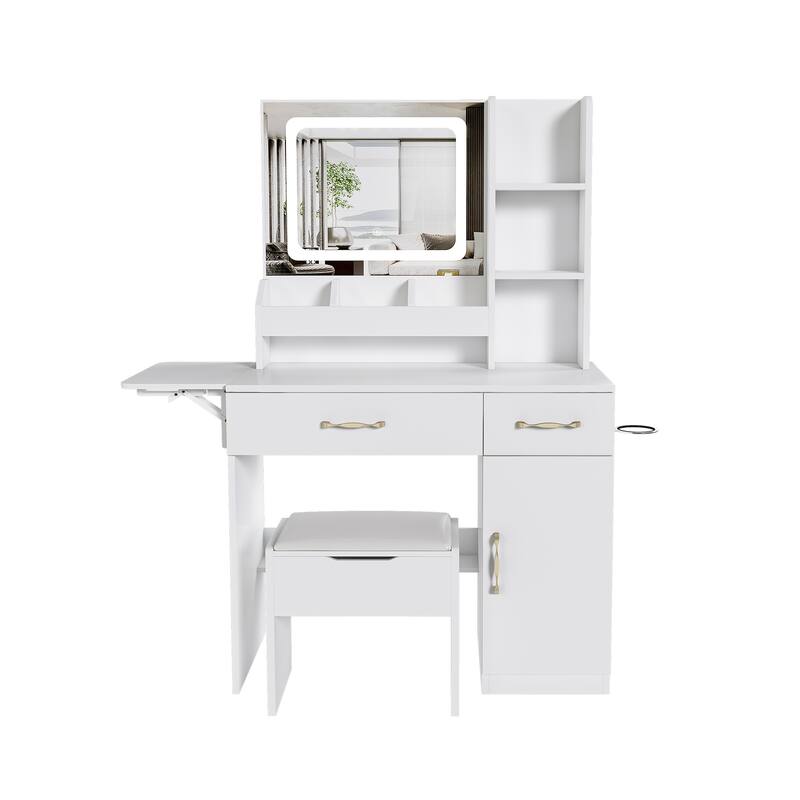 Vanity Desk with LED Mirror & Power Outlet, Makeup Dressing Table - White