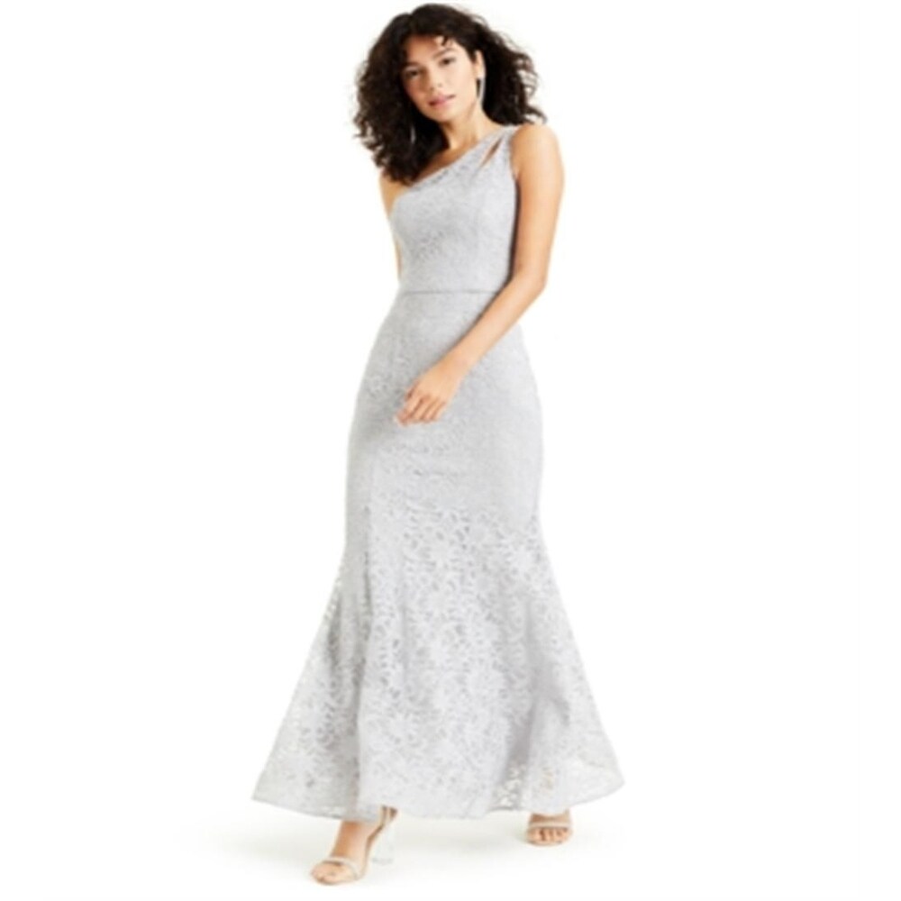 BCX Women's Lace Glitter Zippered Sleeveless Asymmetrical Neckline Maxi  Evening Fit Flare Dress Juniors Silver Size 1 - Bed Bath & Beyond - 40574223