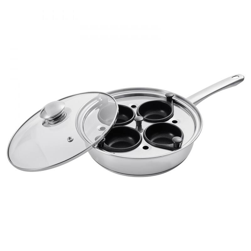 Silver Stainless Steel Egg Poacher Pan with 4 Cups and Glass Lid - 14.69 x 8.86 x 4.33 in