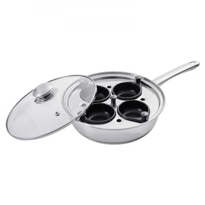 Silver Stainless Steel Egg Poacher Pan with 4 Cups and Glass Lid - 14.69 x 8.86 x 4.33 in