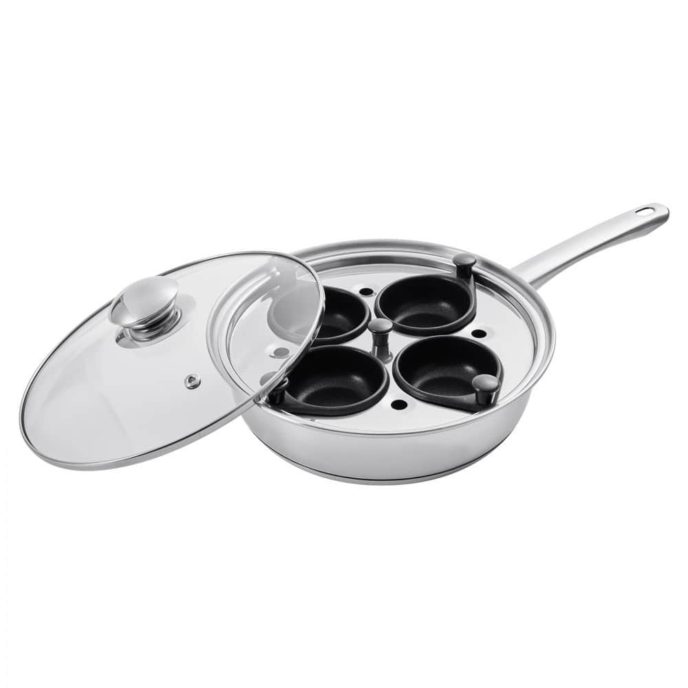 Silver Stainless Steel Egg Poacher Pan with 4 Cups and Glass Lid - 14.69 x 8.86 x 4.33 in