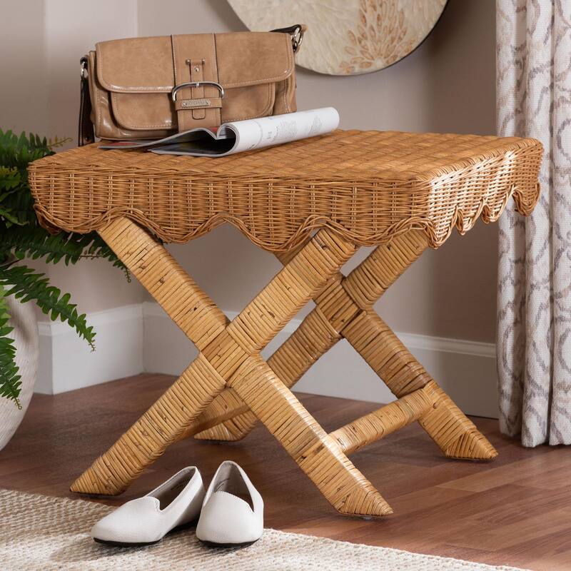 Modesta Natural Rattan Accent Bench - Handwoven Wicker Seating with Scalloped Apron and X-Frame Base, Coastal Boho Seating