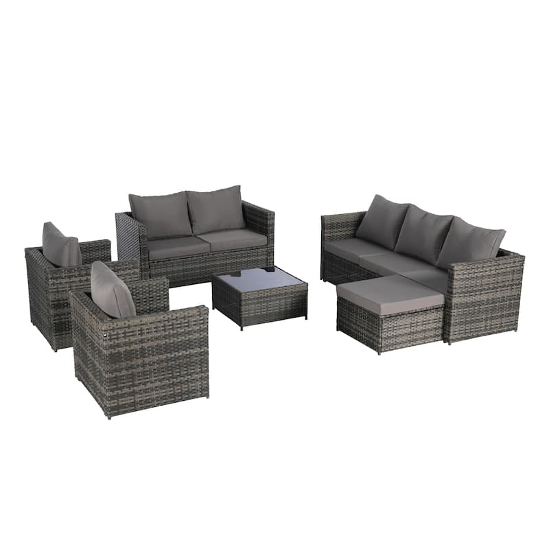 6-Piece Outdoor Patio Rattan Conversation Sectional Sofa Set with Tempered Glass Coffee Table and 2 Armchair