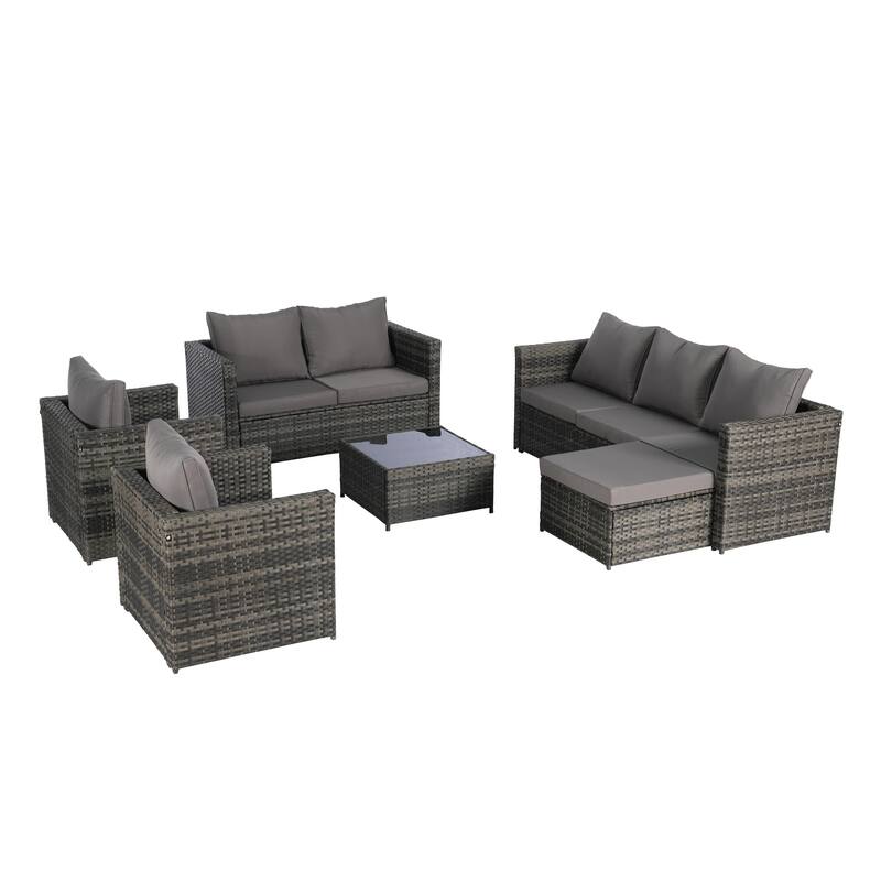 6 Piece Patio Conversation Set for 7 People, All Weather Weave Rattan Outdoor Sectional Sofa with Coffee Table and Cushions